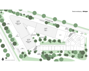 Plattegrond van de eerste verdieping van een bedrijfs- en wooncomplex aan de H.J.E. Wenckebachweg met bedrijfsruimtes, binnentuin en toegangspunten.